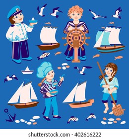 Naval Set of cartoon characters: captain, sailor, cook, steering, fish, seagull, sailboats.