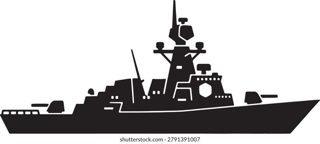Naval ship icon isolated on transparent grid. Dark silhouette of military frigate. Ocean defense vessel with gun turrets. Maritime security boat for navy operations and tactical maneuvers.
