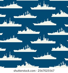 Naval Ships on Navy Blue Fleet Naval Cutters Vector Seamless Pattern