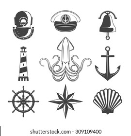 Naval symbols collection. Black icons isolated on white.