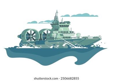 Naval Warship on Sea. Vector illustration of military vessel cutting through waves, symbolizing maritime power.