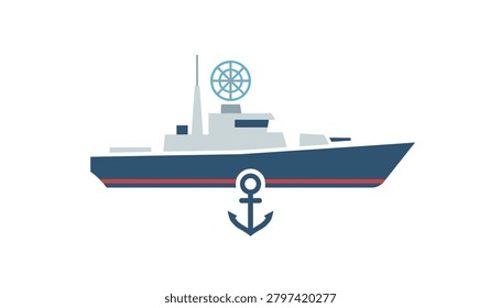 Naval warship silhouette featuring a radar antenna and a large anchor, for maritime defense, naval operations, or military sea navigation services.