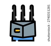 Naval weapon turret presenting three gun barrels and a central aiming mechanism, depicting a military ship