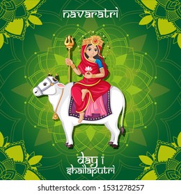 Navarati festival poster design with goddess on cow illustration