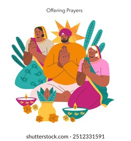 Conceito de celebração navaratri. Devotos oferecendo orações durante o festival hindu com trajes tradicionais e diyas. Reverência cultural em um ambiente espiritual. Ilustração vetorial.