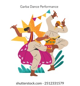 Conceito de celebração navaratri. Ilustração de duas pessoas realizando a tradicional dança Garba com decorações festivas. Festival cultural e tradição de dança. Ilustração vetorial.