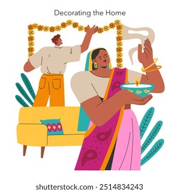 Concepto de celebración Navaratri. Pareja india decora el hogar con flores de caléndula para el festival. Tradiciones culturales y preparación festiva. Ilustración vectorial.