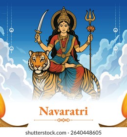 Navaratri celebration with Goddess Durga illustration, tiger, diya lamp, abstract background, typography, Hindu festival poster set, happy Navratri greeting, traditional artwork