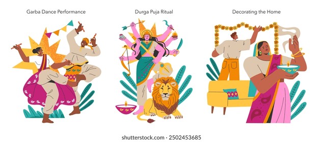 Navaratri celebration set. Illustration of traditional Garba dance, Durga Puja rituals, and festive home decoration. Cultural festivities in vibrant scenes. Vector illustration.