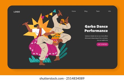 Navaratri celebration website banner featuring an enthusiastic Garba dance performance with traditional attire. Dynamic festival vibe for Indian culture. Vector illustration.