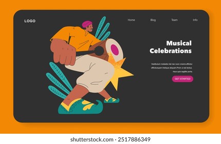 Navaratri celebrations concept. Illustration of a joyful drummer playing dhol in festive spirit, capturing the essence of traditional Indian festivals. Vector illustration.