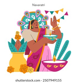 Navaratri concept. Illustration of a woman performing traditional rituals with festive elements. Celebrating Indian culture and spirituality. Vector illustration.