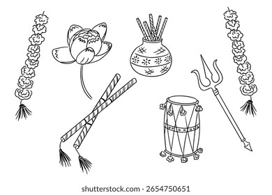 Navaratri doodle coleção com itens tradicionais como palitos de dandiya, flor de lótus, tambor e trishul. Representa os elementos festivos da cultura e espiritualidade indiana em um estilo desenhado à mão
