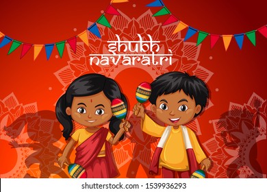 Navaratri poster design with happy children illustration