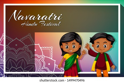 Navaratri poster design with mandala pattern and happy children illustration