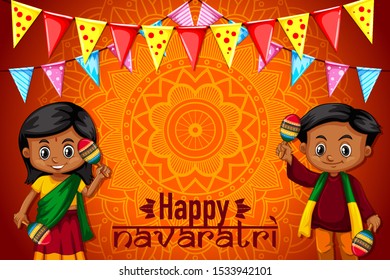Navaratri poster design with mandala pattern and happy children illustration