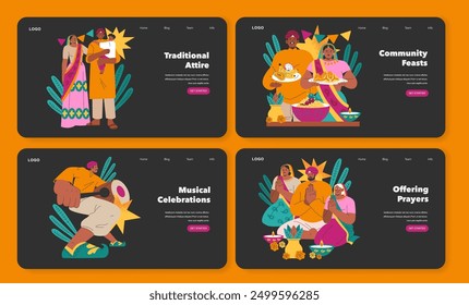 Conjunto de Navaratri. Elementos de celebración como vestimenta tradicional, fiestas comunitarias, actuaciones musicales y ofrendas de oración. Ilustración vectorial.