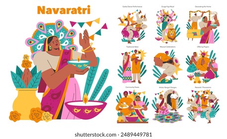 Navaratri set. Hindu festival celebration with rituals, dance, and colorful cultural moments. Festive traditions come alive in India. Vector illustration.