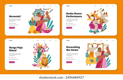 Navaratri set. Hindu festival celebration with rituals, dance performances, and home decoration. Cultural traditions in colorful vector illustration.