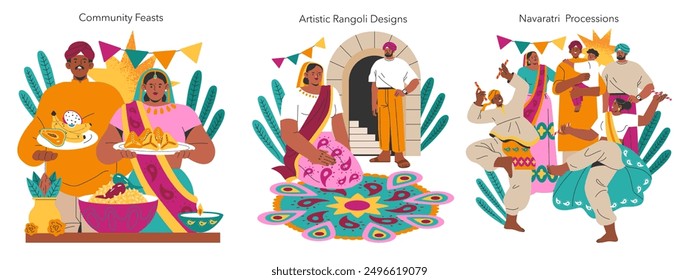 Navaratri set. Hindu festival celebration with community feasts, rangoli art, and colorful processions. Indian culture and tradition showcased in joyous events. Vector illustration.