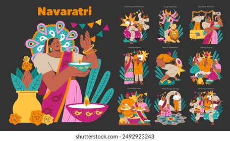 Navaratri set. Illustration showcasing dance, rituals, and celebrations of the Hindu festival. Garba performance, Durga Puja, and feasts. Vector illustration.