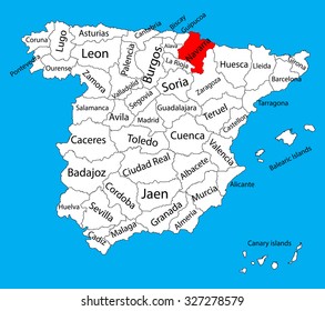 Navarra map silhouette vector. Spain province. Spain with separated regions isolated on background. Spain autonomy areas map. Editable vector map of Spain.