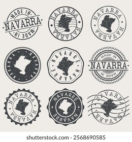 Navarre, Spain Set of Stamps. Country Travel Marks. Made In Product. Design Seals Old Style Insignia.