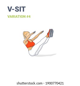 Navasana or V-Sit Girl Workout Exercise Guide Illustration. Colorful Concept of Female Working at Home on Her Abs Young Feale in Sportswear Top and Leggings Siting in V Shape or Boat Yoga Pose.