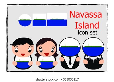 Navassa Island boy, girl, businessman, business women cartoon vector illustration and Navassa Island round, square and normal flag icon set
