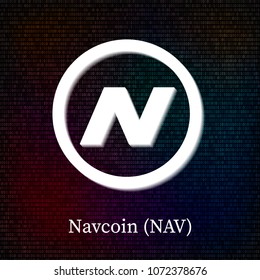 Navcoin symbol on dark binary code background. Cryptocurrency icon. Virtual digital money. Blockchain concept. Easy to use vector element of design for websites, social media, apps, logo etc.