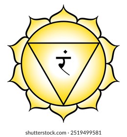 Navel chakra Manipura, the city of jewels or resplendent gem. Third chakra located located above the navel. Yellow lotus with 10 petals, a downward triangle, and seed syllable Ram for the tattva fire.