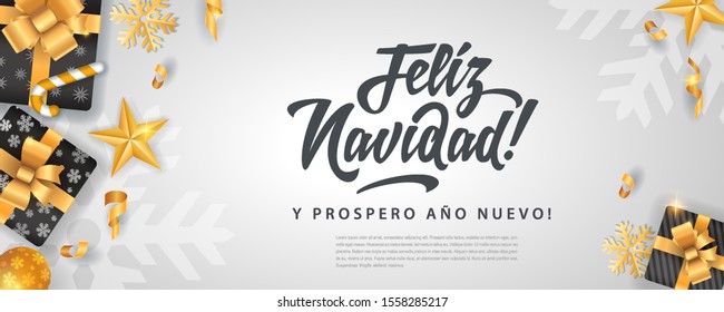 Feliz Navidad - Fröhliche Weihnachten in spanischer Sprache mit weißer Flachbild-Vorlage, glitzernde Goldelemente, Schneeflocken, Sterne und Kalligrafie