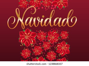 Navidad lettering with poinsettia flowers pattern. New Year Day greeting card. Handwritten text, calligraphy. For leaflets, brochures, invitations, posters or banners.
