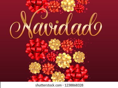 Navidad lettering with ribbon bows pattern. New Year Day greeting card. Handwritten text, calligraphy. For leaflets, brochures, invitations, posters or banners.