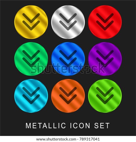 navigate arrows pointing to down 9 color metallic chromium icon or logo set including gold and silver