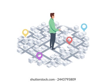 Navigate in the city, track navigation pins Man standing in the middle of a city, surrounded by buildings. Buildings various sizes and shapes, urban landscape. Vector illustration on white background