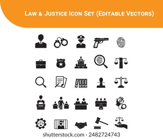 Navegue por las complejidades de la ley con este completo conjunto de iconos. Con una variedad de íconos claramente reconocibles, esta colección representa visualmente conceptos legales esenciales, procedimientos judiciales