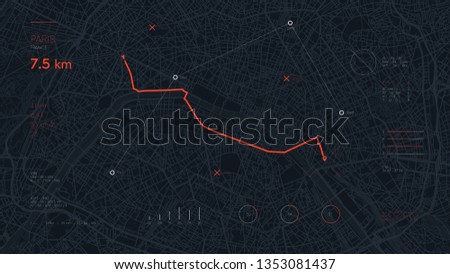Navigate device dashboard GPS tracking map, Futuristic mapping technology route of destination point and location on the streets of the city Paris, high tech vector background