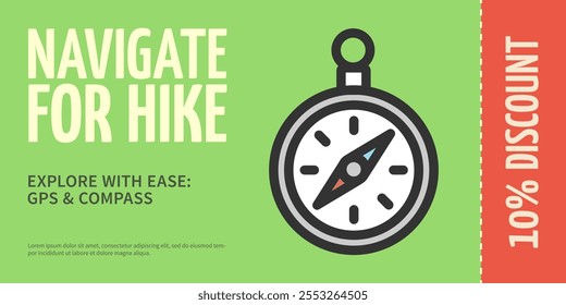 Navigate for Hike Camp Concept Horizontal Invitation Placard Poster Banner Card Template. Vector illustration of Coupon Discount