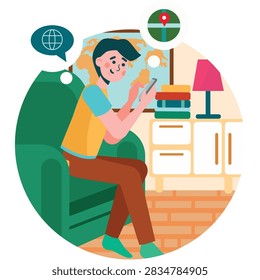 Navigate map phone gps application. Vector man using smartphone for navigation on city street or travel guide tour selection from home illustration