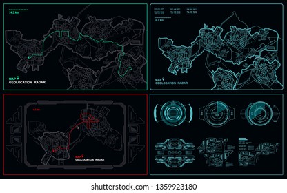 Navigate mapping technology dashboard GPS tracking map, showing movement and final destination on the streets of the city, with HUD futuristic user interface elements