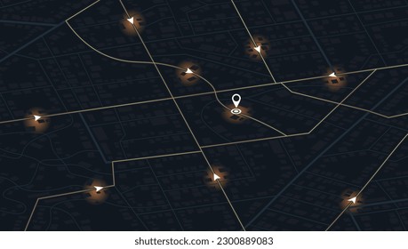 Navegar por el mapa de seguimiento GPS del tablero de tecnología de mapeo, mostrando el movimiento en las calles de la ciudad. Mapa turístico gráfico decorativo. Resumen de los antecedentes del transporte. Vector isométrico