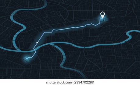 Navegar por el mapa de seguimiento GPS del tablero de tecnología de mapeo, mostrando el movimiento en las calles de la ciudad. Mapa turístico gráfico decorativo. Resumen de los antecedentes del transporte. Ilustración del vector