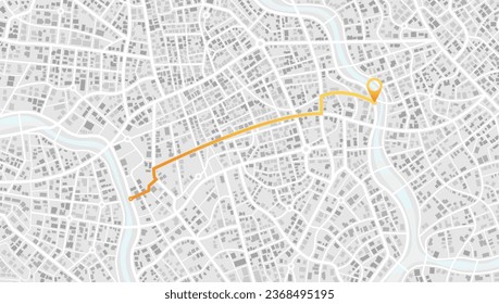 Navegar por la tecnología de asignación de datos de distancia, giros de ruta. Área de la ciudad, mapa de fondo, calles. Panorama urbano en Skyline. Ilustración cartográfica. Mapa de la calle de diseño plano digital. Vector. Ver desde arriba