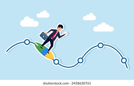 Navigate stock market volatility, expert guide through market fluctuations, downturns, and ups and downs, Confident businessman riding the waves of the stock market chart