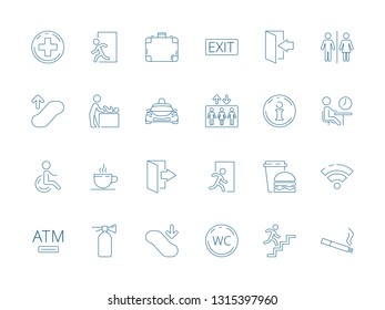 Navigate symbols. Public pictogram of restaurant place elevator washroom restroom toilet wifi vector icon collection