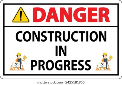 Navigate the vibrant scene of "Danger, Construction in Progress" with caution signs accentuating a landscape buzzing with workers orchestrating heavy machinery. Witness the emergence of a structure 