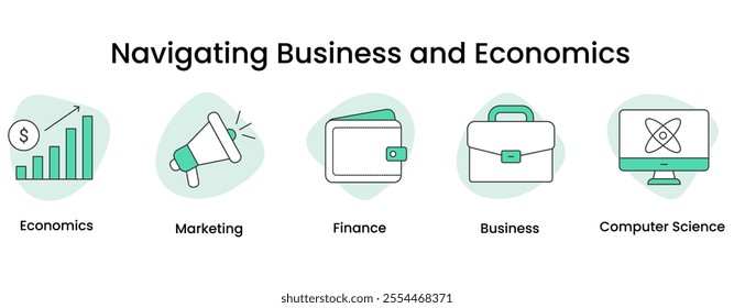 Navigating Business and Economics. Icons included: Business, Finance, Economics, Marketing, Computer Science.