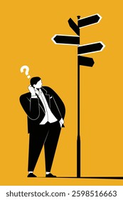 Navigating Choices: A Businessman Contemplates Directions in a Visual Representation of Decision-Making Challenges