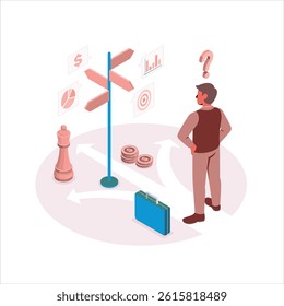 Navigating Choices: Businessman Facing Signpost with Arrows and Financial Icons Symbolizing Decision-Making and Strategic Planning